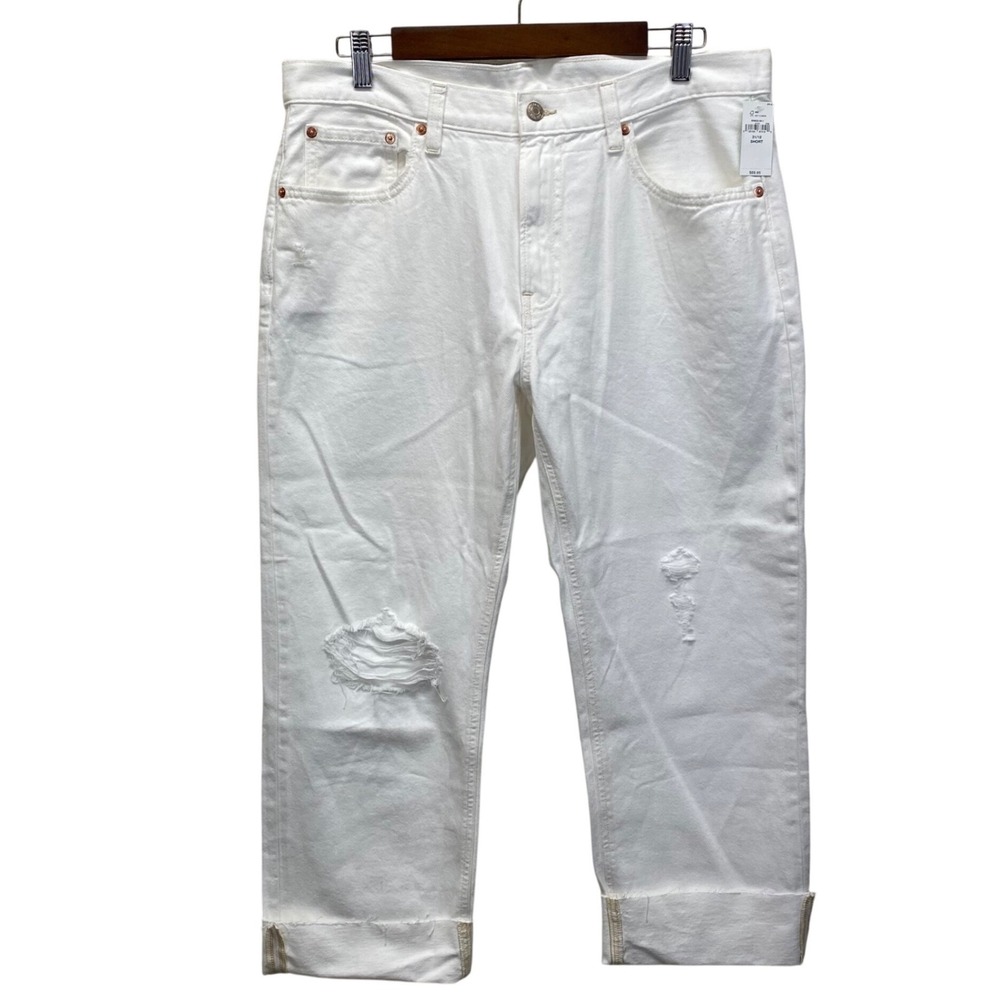 Gap Girlfriend Mid Rise Jeans Women 31 12 Short White Distressed Raw Cuffed Hem